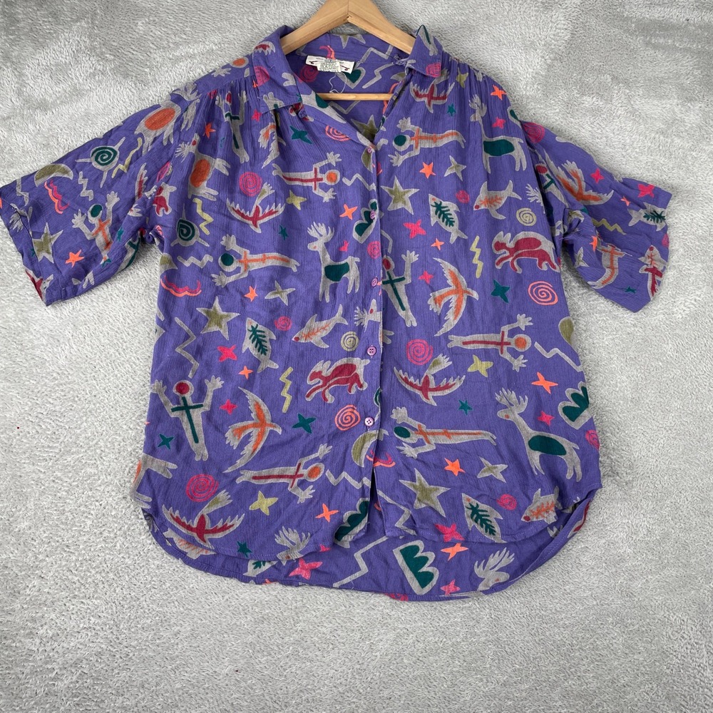 Orvis Cave Art Shirt Womens Small Purple Rayon Tribal Celestial Boho Camp Collar